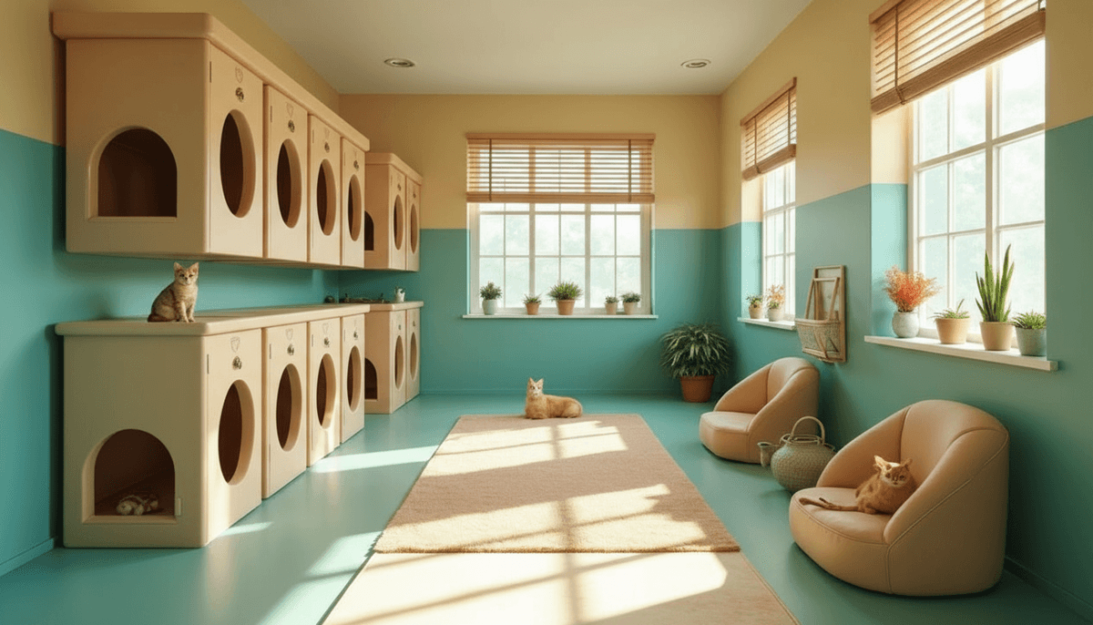 Clean and spacious cat boarding facility interior with comfortable spaces